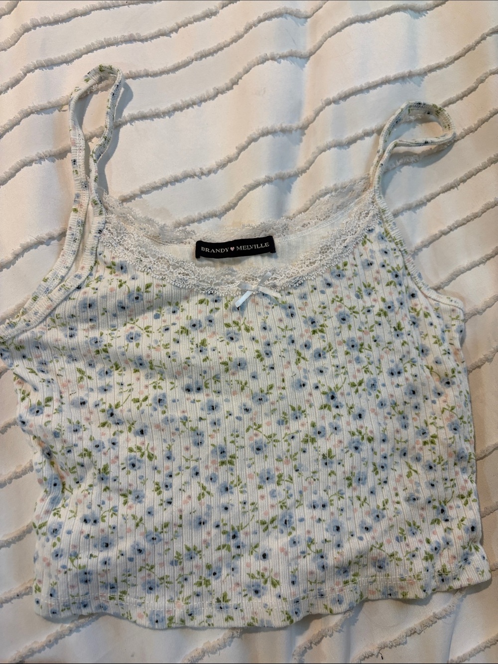 Brandy Melville White Ribbed Floral Lace-Trim Cami